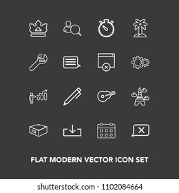 Modern, simple vector icon set on dark background with write, palm, royal, king, chat, online, white, guitar, paris, pen, calendar, time, schedule, landmark, internet, nature, personal, hand icons