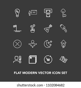 Modern, simple vector icon set on dark background with key, finance, sign, shop, house, star, direction, machine, lock, pin, place, personal, close, mexico, night, web, go, metal, phone, office icons