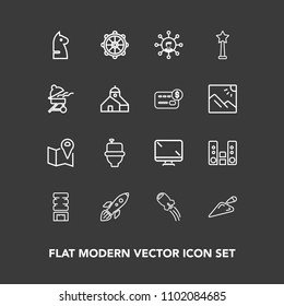 Modern, simple vector icon set on dark background with player, monitor, location, pin, music, spaceship, horse, container, space, shuttle, digital, road, shovel, audio, nautical, chess, medal icons