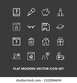 Modern, simple vector icon set on dark background with van, money, traffic, sound, paper, machine, cash, unknown, home, estate, property, bin, bank, page, old, sign, graphic, gift, tv, package icons