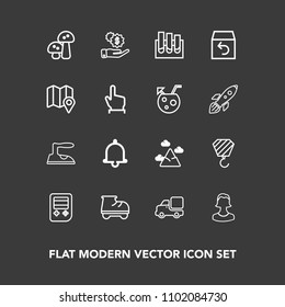 Modern, simple vector icon set on dark background with research, dollar, building, alert, ironing, investment, notification, clothes, laboratory, edible, iron, sky, white, order, analysis, fun icons
