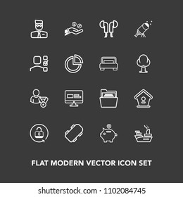 Modern, simple vector icon set on dark background with headset, paper, birdhouse, file, blank, finance, account, user, skateboard, sound, bank, wooden, investment, skater, home, hand, ship, lock icons