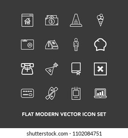 Modern, simple vector icon set on dark background with bank, money, phone, music, call, laptop, book, boat, computer, folk, sign, graphic, chart, step, screen, cash, canoe, string, house, real icons