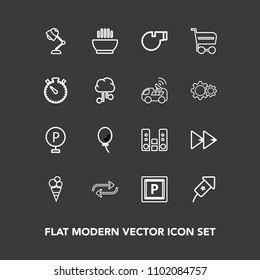 Modern, simple vector icon set on dark background with festival, substitute, balloon, car, sport, white, dessert, rewind, music, referee, sound, button, play, cream, audio, market, vehicle, hot icons