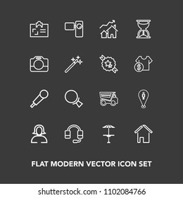 Modern, simple vector icon set on dark background with dumper, tipper, business, truck, tripod, light, mic, building, karaoke, video, estate, retro, music, property, pin, architecture, dump, pub icons