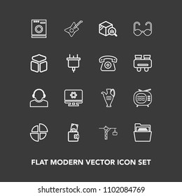 Modern, simple vector icon set on dark background with service, white, dollar, video, blank, machine, statistic, trend, guitar, report, washer, antenna, pie, television, tv, decoration, finance icons