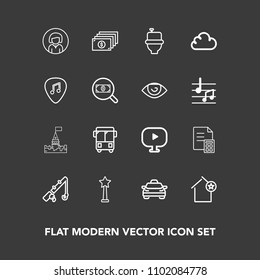 Modern, simple vector icon set on dark background with bus, reel, restroom, face, taxi, cloud, financial, medal, castle, tower, architecture, fishing, apartment, building, sport, finance, road icons