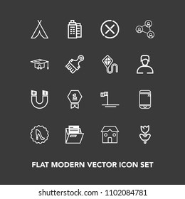 Modern, simple vector icon set on dark background with blue, cancel, tent, floral, travel, outdoor, mexico, mobile, fashion, ocean, flower, frame, touchscreen, house, science, construction, file icons