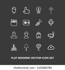Modern, simple vector icon set on dark background with snorkel, air, cloud, water, sea, internet, ocean, dessert, electric, engineer, folder, interior, lamp, winner, electricity, sweet, house icons