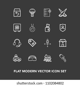 Modern, simple vector icon set on dark background with suitcase, sky, building, spaceship, boat, call, return, sign, place, space, bag, travel, parachuting, job, jump, parachute, order, label icons