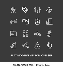 Modern, simple vector icon set on dark background with gesture, estate, faucet, scale, index, thermometer, boy, label, outdoor, file, property, office, adventure, water, fahrenheit, display, tag icons