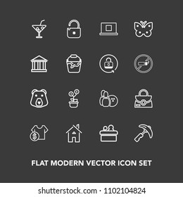 Modern, simple vector icon set on dark background with shop, money, sale, growth, security, investment, construction, price, picking, architecture, fashion, home, conference, estate, speaker icons