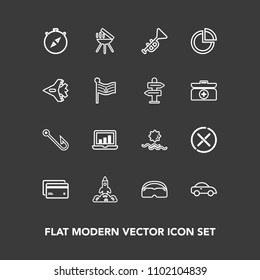 Modern, simple vector icon set on dark background with laptop, rocket, grill, sunrise, money, south, vehicle, debit, bugle, direction, fish, sign, nature, landscape, compass, science, glasses icons