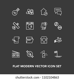 Modern, simple vector icon set on dark background with business, document, office, coin, audio, home, folder, paper, radio, increase, building, musical, ribbon, chat, fashion, list, hand, real icons