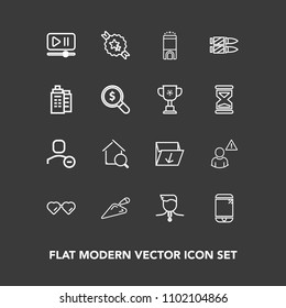 Modern, simple vector icon set on dark background with shovel, equipment, real, interface, medal, user, glasses, waste, delete, luxury, box, sun, rubbish, gold, competition, account, network icons