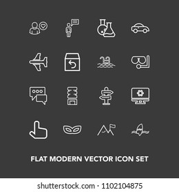 Modern, simple vector icon set on dark background with cooler, laboratory, nature, arrow, computer, vehicle, masquerade, tropical, way, airplane, profile, person, cold, chat, surfer, pointer icons