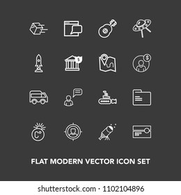 Modern, simple vector icon set on dark background with bus, sea, astronomy, communication, package, undersea, website, sky, ocean, marine, customer, scale, temperature, star, internet, person icons