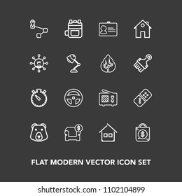 Modern, simple vector icon set on dark background with rucksack, estate, time, location, clock, signal, building, wild, timer, tag, home, wireless, communication, grizzly, radio, interior, house icons