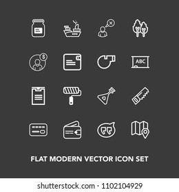 Modern, simple vector icon set on dark background with music, money, online, pin, card, aluminum, construction, location, credit, roller, web, profile, sea, container, string, folk, can, cash icons