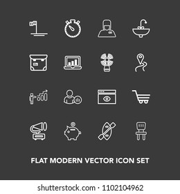 Modern, simple vector icon set on dark background with blue, progress, gramophone, window, shop, home, oar, retro, comfortable, retail, watch, trolley, finance, social, baja, vintage, profile icons