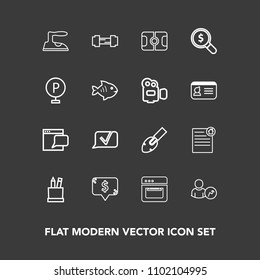 Modern, simple vector icon set on dark background with shovel, document, clothes, gym, search, iron, housework, web, house, account, box, stadium, price, pitch, domestic, ironing, car, frame icons