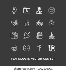 Modern, simple vector icon set on dark background with snorkel, emergency, boat, account, antenna, cooler, sun, folder, safety, ventilator, rucksack, fashion, ocean, lock, user, map, leather icons