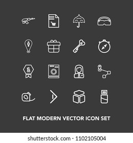Modern, simple vector icon set on dark background with achievement, cable, washer, tape, plug, navigation, machine, button, weapon, laundry, gun, appliance, notebook, technology, winner, white icons