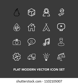 Modern, simple vector icon set on dark background with business, camera, young, vehicle, white, chat, bubble, food, pear, message, package, musical, fruit, music, cargo, human, sale, template icons