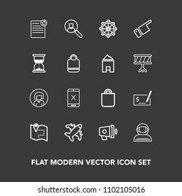 Modern, simple vector icon set on dark background with woman, cord, computer, internet, pin, astronaut, bag, sign, face, estate, web, aircraft, map, lady, young, speaker, business, loud, people icons