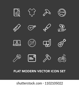 Modern, Simple Vector Icon Set On Dark Background With Purse, Fashion, Car, Girl, Guitar, Shovel, Business, Hammer, Water, Music, Communication, Video, Help, Sea, Snorkel, Wallet, Tool, Axe, Saw Icons