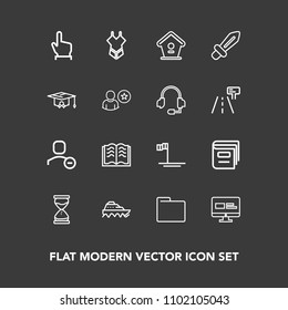 Modern, simple vector icon set on dark background with boat, page, hourglass, fashion, website, ship, office, blue, clock, blank, time, user, file, house, beach, baja, sand, literature, sword icons