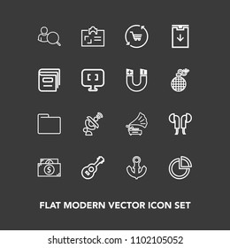 Modern, simple vector icon set on dark background with guitar, graph, nautical, internet, office, retro, card, sound, headset, account, currency, communication, anchor, chart, record, global, id icons