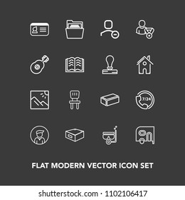 Modern, simple vector icon set on dark background with comfortable, summer, drawer, scenery, office, building, delivery, account, transport, call, id, water, man, document, identification, blank icons