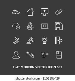 Modern, simple vector icon set on dark background with lightbulb, star, male, fan, personal, exit, courthouse, delivery, water, ship, white, female, package, estate, house, architecture, cargo icons