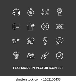 Modern, simple vector icon set on dark background with north, bubble, drill, map, man, compass, construction, sound, parachute, speech, road, shovel, south, air, sky, price, direction, machine icons