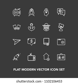 Modern, simple vector icon set on dark background with email, home, female, woman, file, tv, book, idea, blank, business, star, chat, sky, screen, astronomy, doctor, technology, concept, house icons