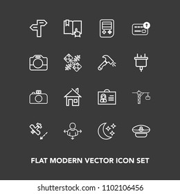 Modern, simple vector icon set on dark background with open, money, arrow, sailor, place, airplane, web, internet, star, direction, road, hammer, plane, captain, technology, cash, home, finance icons