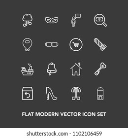 Modern, simple vector icon set on dark background with home, technology, ship, parasol, high, return, order, marine, summer, carnival, delivery, key, shipping, bell, military, shoe, architecture icons