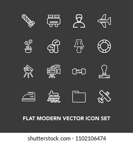 Modern, simple vector icon set on dark background with bomb, ocean, stationery, office, fitness, workout, meat, sea, spy, aircraft, video, envelope, ship, vessel, domestic, stamp, bbq, blank icons