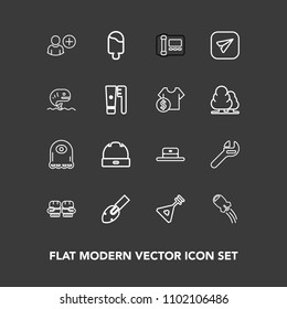 Modern, simple vector icon set on dark background with string, sport, stationary, communication, music, musical, character, cap, head, add, shovel, user, boxing, craft, fashion, dessert, office icons