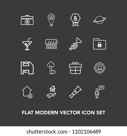 Modern, simple vector icon set on dark background with target, telescope, chat, person, home, customer, astronomy, space, house, rent, planet, new, property, winner, kit, vintage, box, business icons