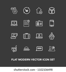 Modern, simple vector icon set on dark background with pump, airport, vessel, beauty, nature, video, speech, baggage, boat, sewing, water, camera, message, sign, fashion, ship, cart, internet icons