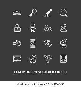 Modern, simple vector icon set on dark background with gramophone, ocean, seafood, shorts, timer, fish, template, fashion, education, key, film, vintage, wear, white, boat, sand, pencil, house icons