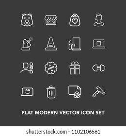 Modern, simple vector icon set on dark background with package, diploma, sport, personal, can, bin, present, achievement, bag, bear, construction, certificate, wild, smile, recycling, task, chat icons