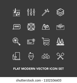 Modern, simple vector icon set on dark background with celebration, gasoline, gas, magic, balance, bathroom, carnival, boat, party, find, equality, canoe, petrol, shop, note, credit, cart, wand icons
