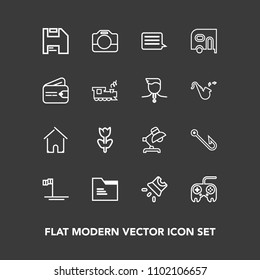 Modern, simple vector icon set on dark background with computer, handle, spring, message, folder, floral, file, diskette, office, estate, rod, blossom, technology, house, table, button, van, web icons