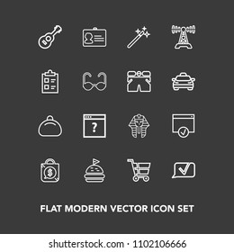 Modern, simple vector icon set on dark background with magic, technology, bag, cart, object, business, radio, leather, egyptian, web, document, communication, guitar, trolley, station, id, price icons