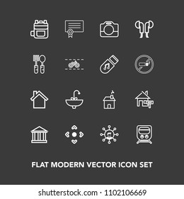 Modern, simple vector icon set on dark background with transport, button, property, film, train, building, sink, greek, equipment, transportation, tourism, faucet, bathroom, camera, greece, home icons