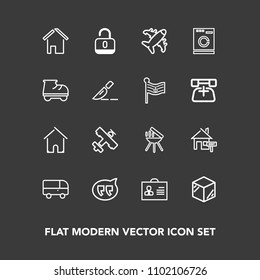 Modern, simple vector icon set on dark background with internet, road, appliance, building, laundry, profile, estate, person, product, white, female, bbq, speed, rent, home, open, machine, box icons