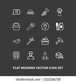Modern, simple vector icon set on dark background with speaker, man, smile, space, shovel, male, finance, launch, trend, musical, office, web, conference, science, bugle, chat, morning, wizard icons